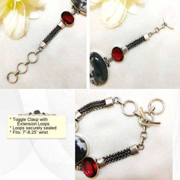 Moss Agate Garnet (br17) Bracelet Green Red Natural Gems 925 Silver Toggle 7"-8" - Picture 7 of 11